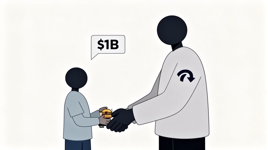 Two stylized figures make a deal, exchanging a golden bell-shaped object and a handshake.