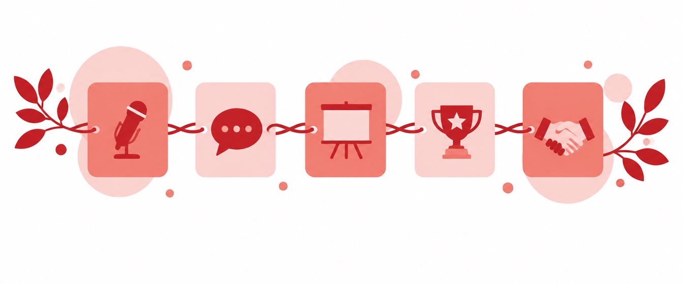 Five agenda cards for a sales kickoff, an opening keynote, a panel, a breakout, an awards session and a closing, joined by one crimson thread