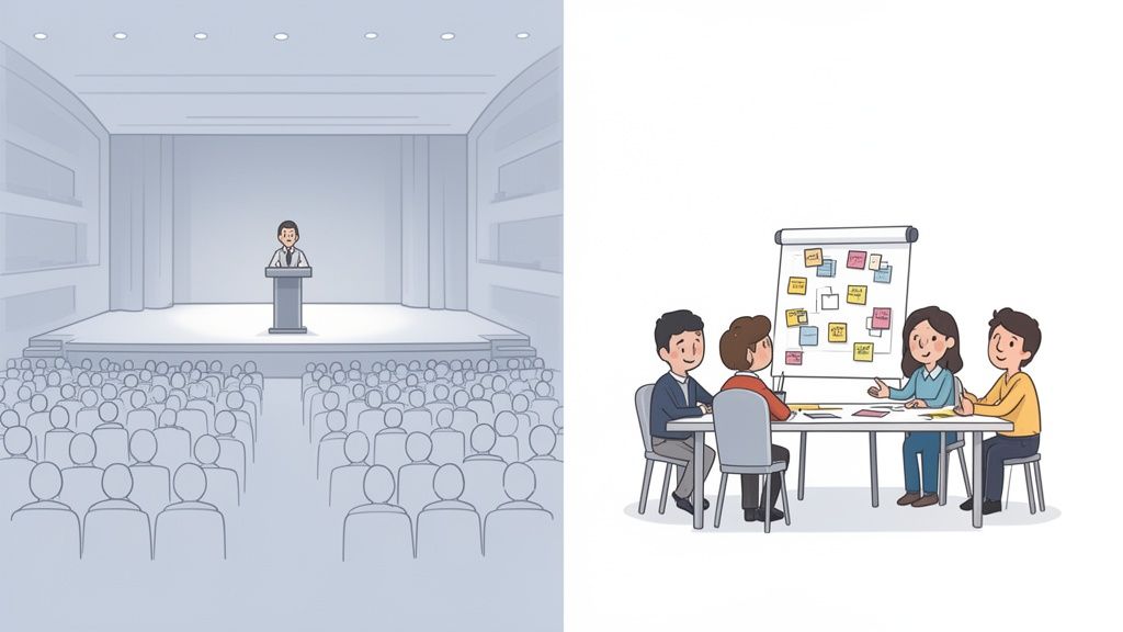 Two illustrations: a speaker at a podium in an auditorium and a collaborative team meeting with sticky notes.