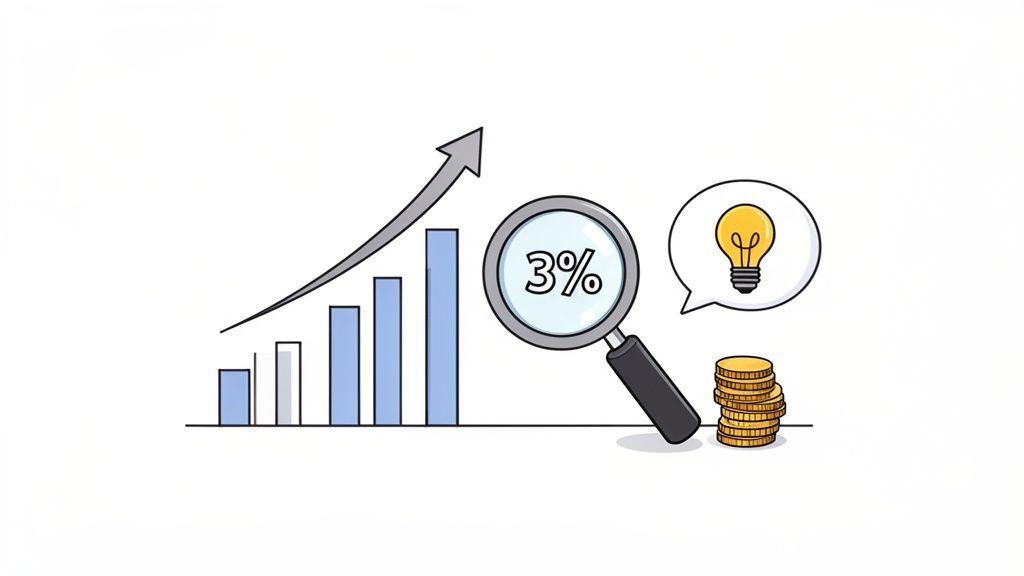 A bar graph showing upward growth, a magnifying glass with 3%, a lightbulb, and a stack of coins.