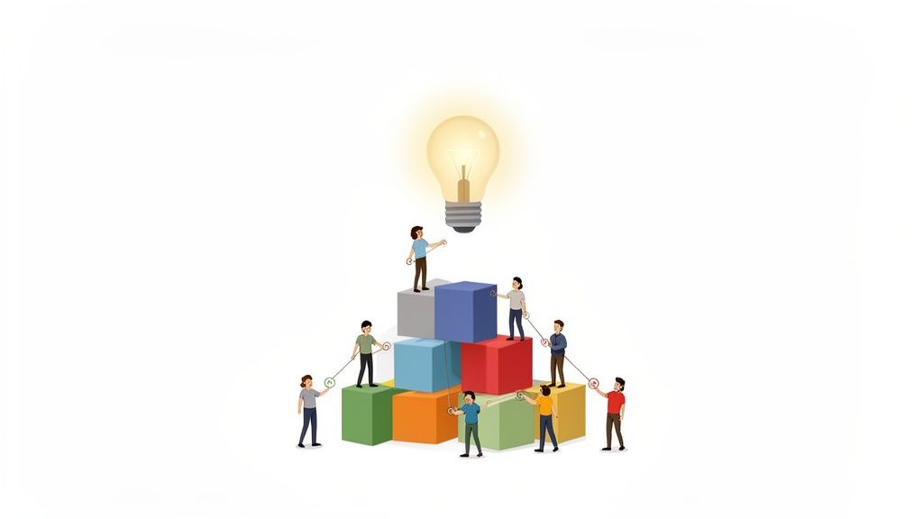 Diverse team building a pyramid of colorful blocks, aiming for an innovation light bulb.