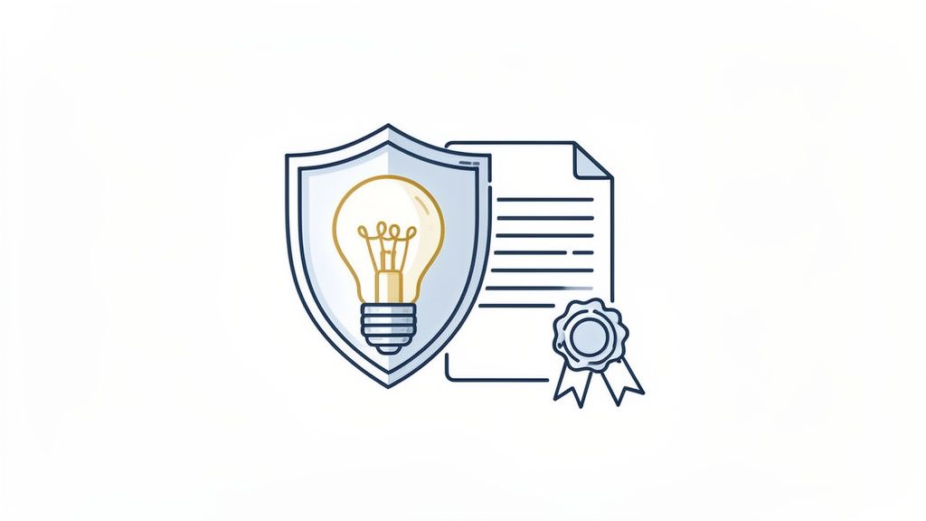 An icon of a lightbulb in a shield next to a document with a seal, representing intellectual property protection.