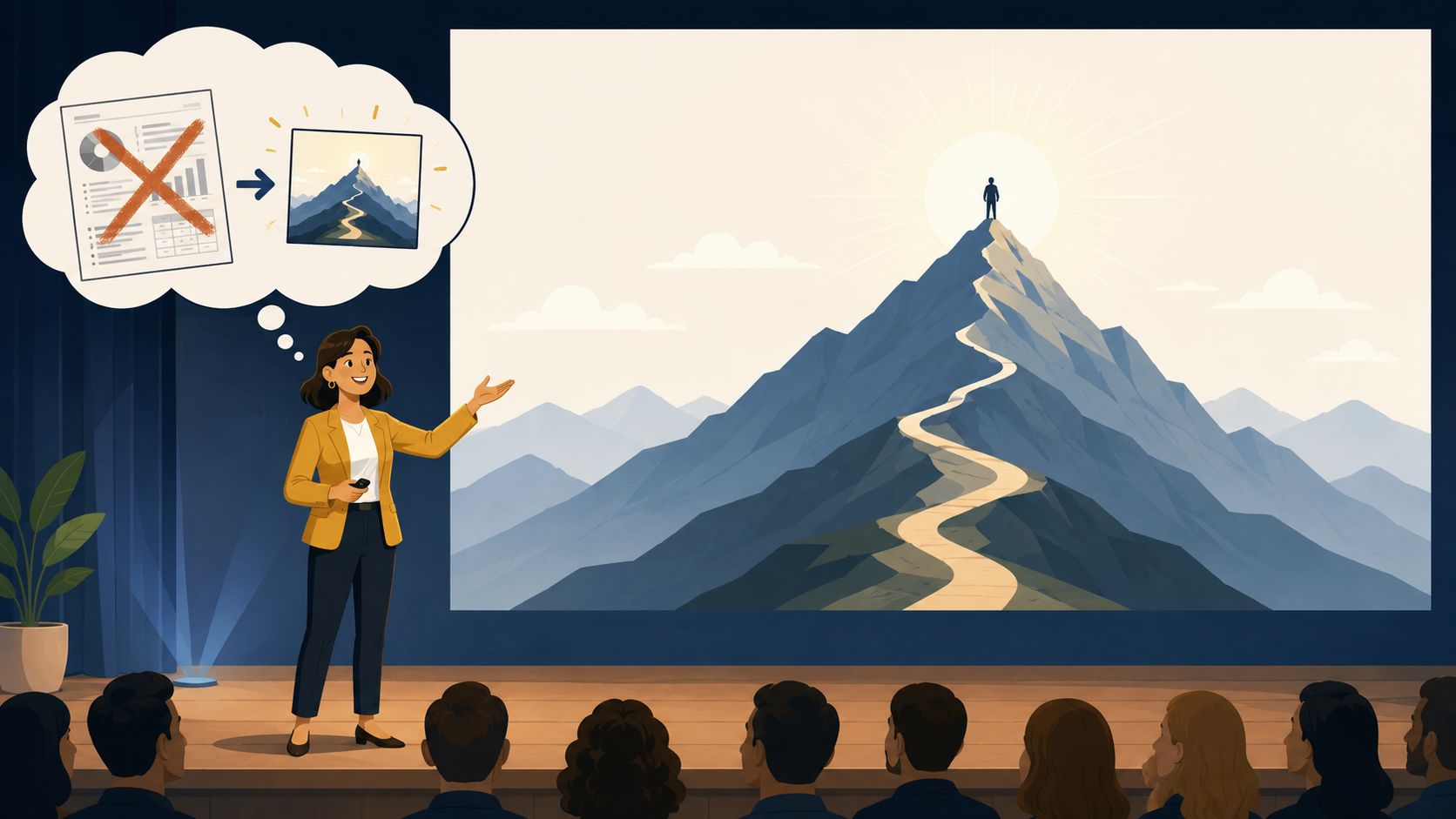 A woman giving a business presentation illustrating a shift from dry data to a visionary mountain journey.