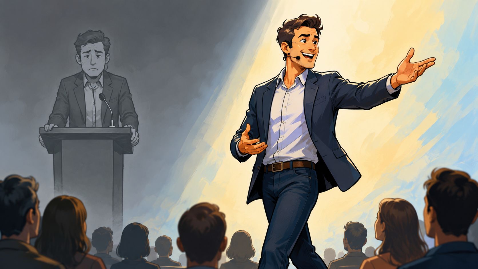 A confident speaker presenting on stage, contrasting with a faded, unhappy version of himself at a podium.