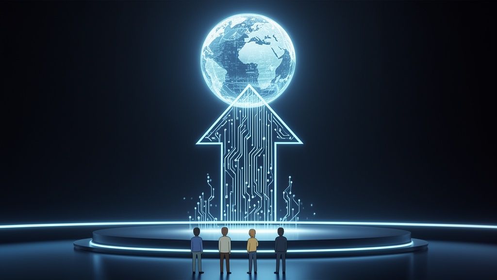 Four people observe a glowing circuit board arrow pointing upwards to a digital earth, symbolizing global technological progress.