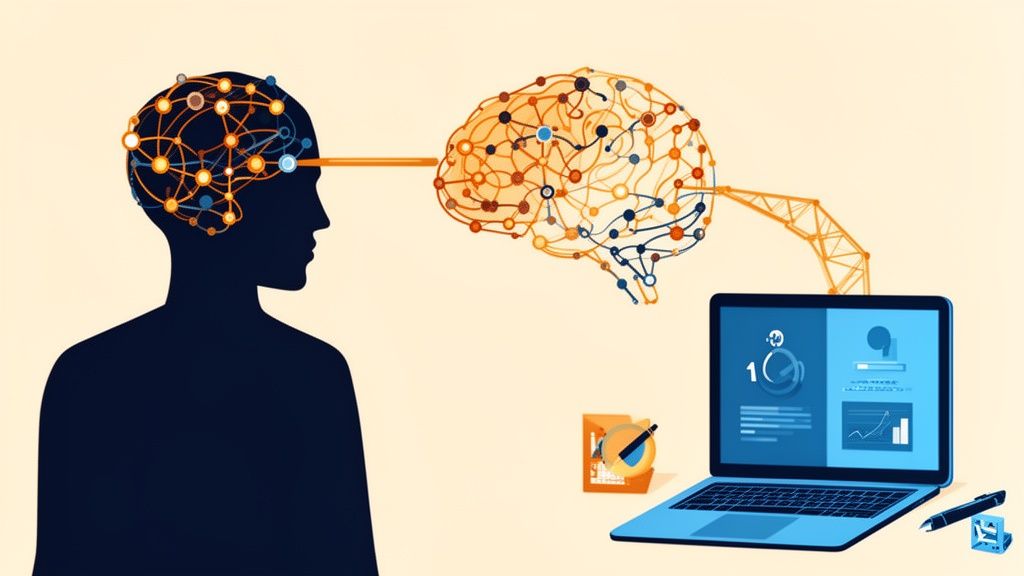 Conceptual image of human intelligence, a brain network, and a laptop displaying data.