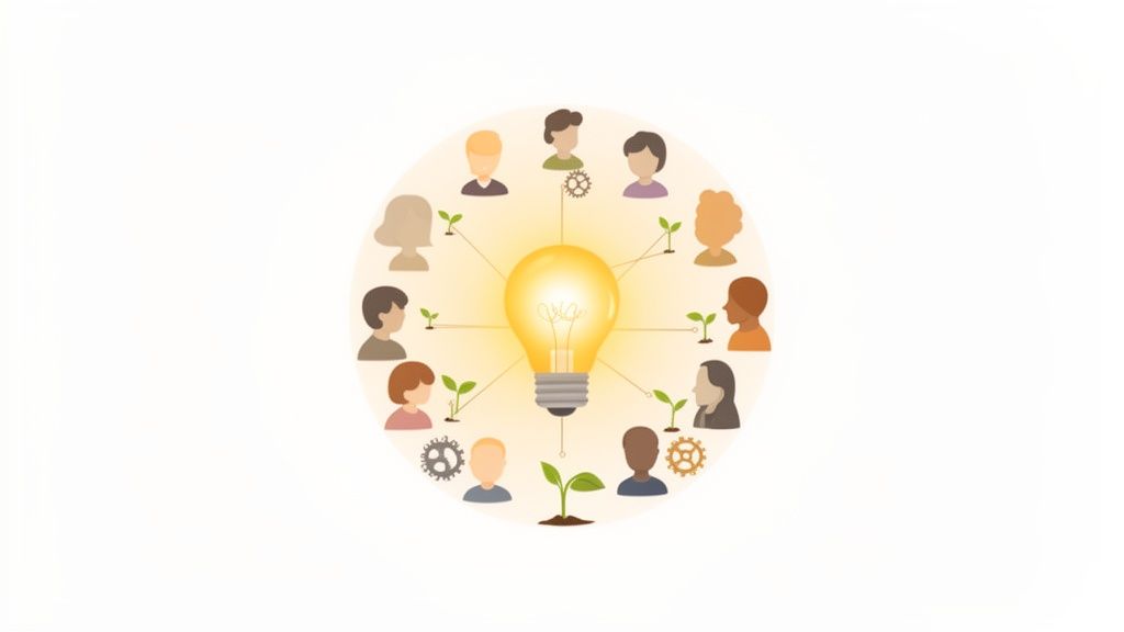 Diverse people surrounding a glowing lightbulb and sprouting plants, symbolizing collaborative ideas and growth.