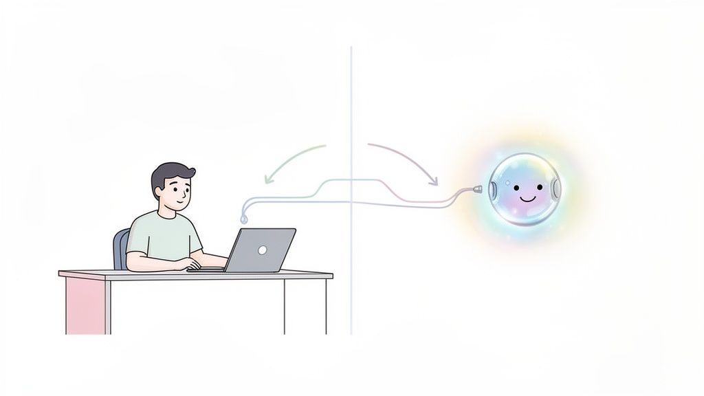 A person uses a laptop, connected by a cable to a glowing, smiling, colorful digital assistant bubble.