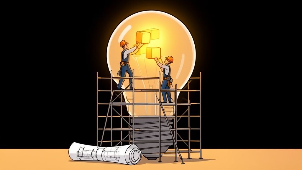 Two workers on scaffolding assemble a glowing lightbulb with blocks, symbolizing idea development and innovation, with a blueprint below.