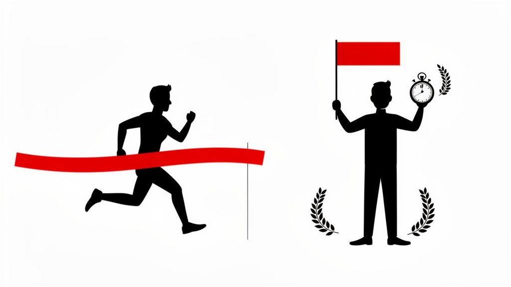 Silhouette of a runner crossing a red finish line, next to a person holding a flag and stopwatch with laurel wreaths.