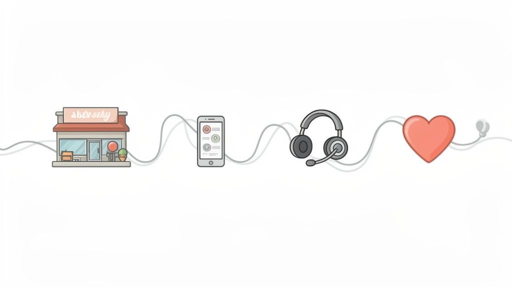 Illustration of a customer journey: store, mobile app, customer support headset, and a happy heart.