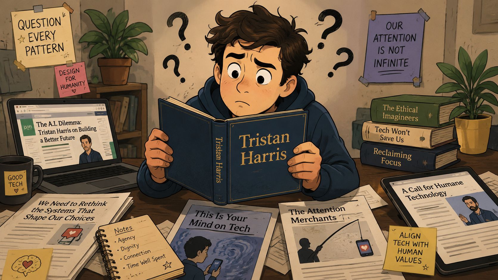 A thoughtful young person reading a book by Tristan Harris surrounded by tech ethics notes and books.