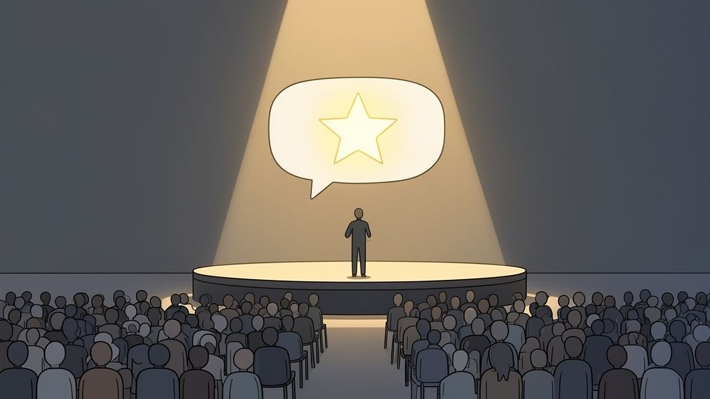 A speaker on a stage under a spotlight, with a speech bubble containing a glowing star above.