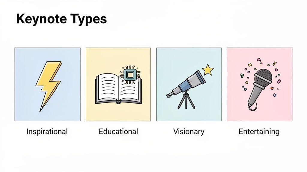 Four categories of keynote types: Inspirational (lightning bolt), Educational (book), Visionary (telescope), and Entertaining (microphone).