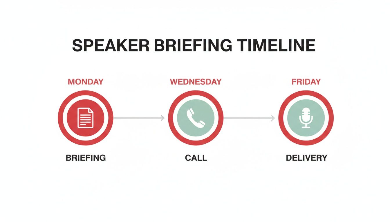 Speaker briefing timeline illustrating steps from Monday briefing to Wednesday call and Friday delivery.