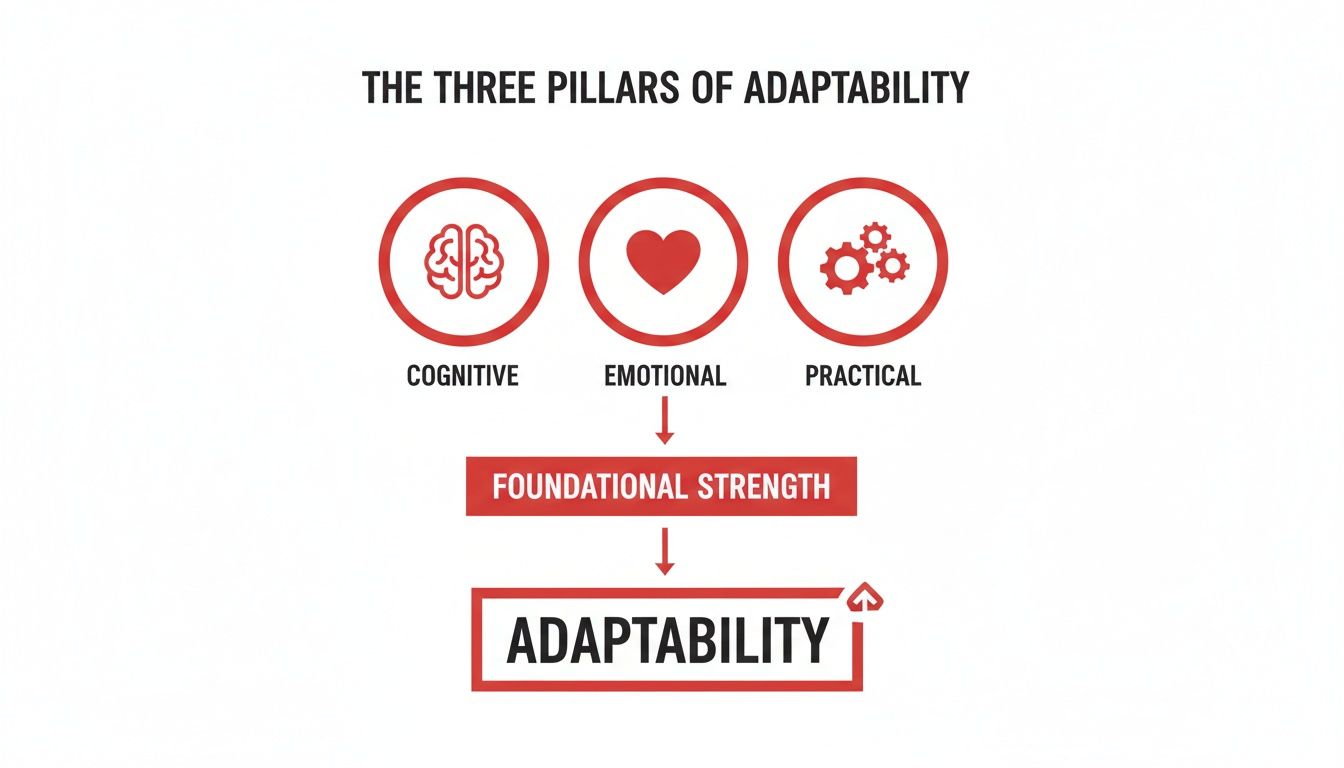 A diagram illustrates the three pillars of adaptability — cognitive, emotional, and practical — leading to foundational strength and ultimately adaptability.