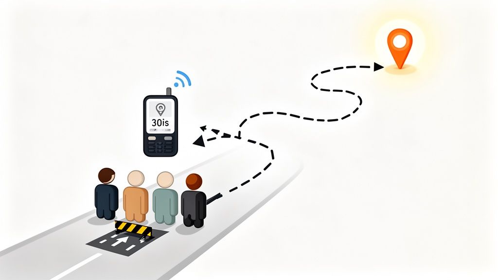 Four people navigate a path with a mobile phone, overcoming a road barrier towards a destination.