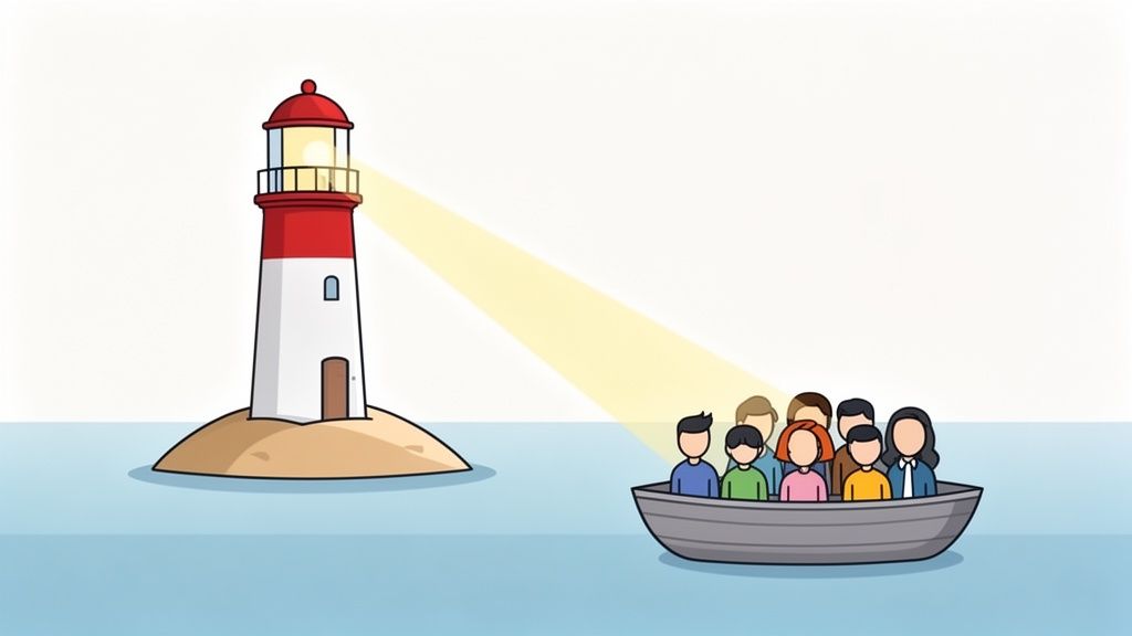 A lighthouse shines a guiding light towards a boat carrying several people in the sea.