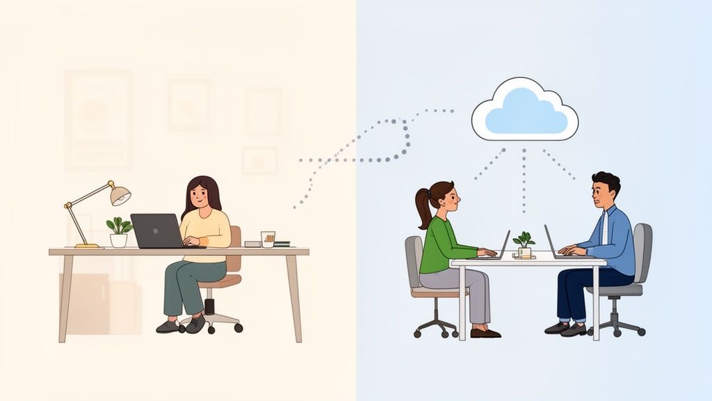 People working remotely and in an office, connected by cloud, demonstrating workplace adaptability.
