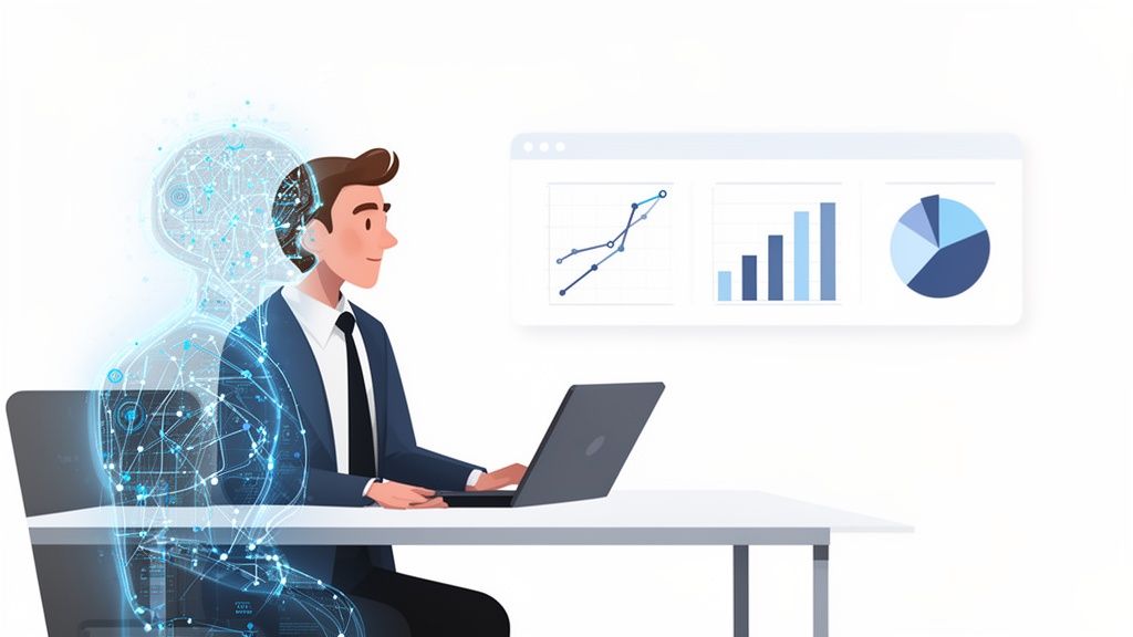 A businessman works on a laptop, enhanced by a glowing AI silhouette, analyzing data charts.
