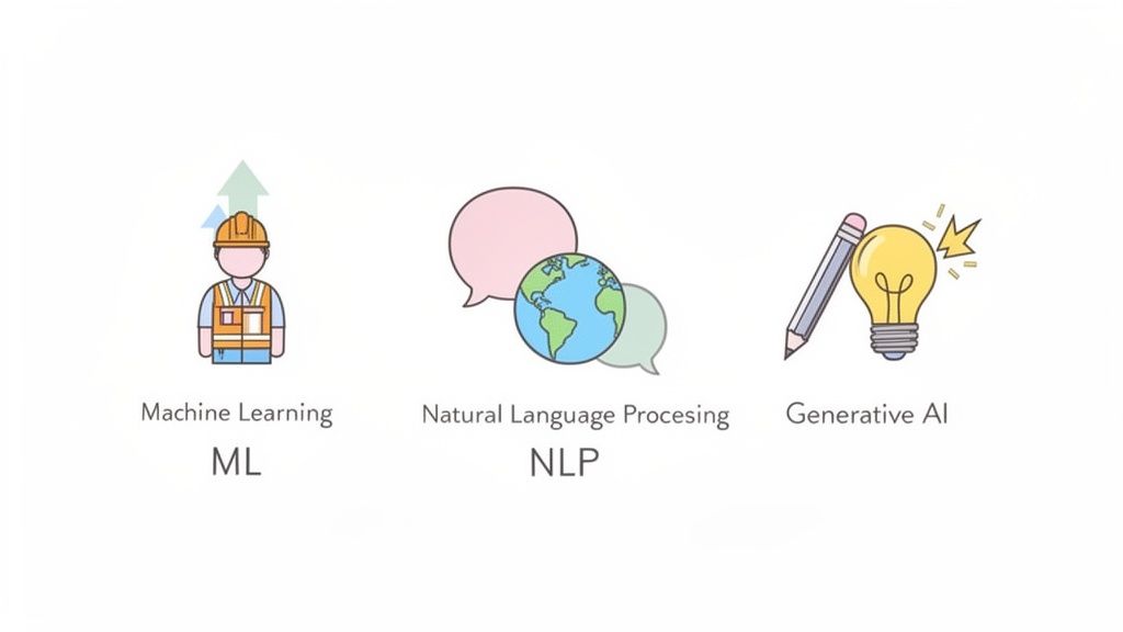 Illustrative icons representing Machine Learning, Natural Language Processing, and Generative AI concepts.