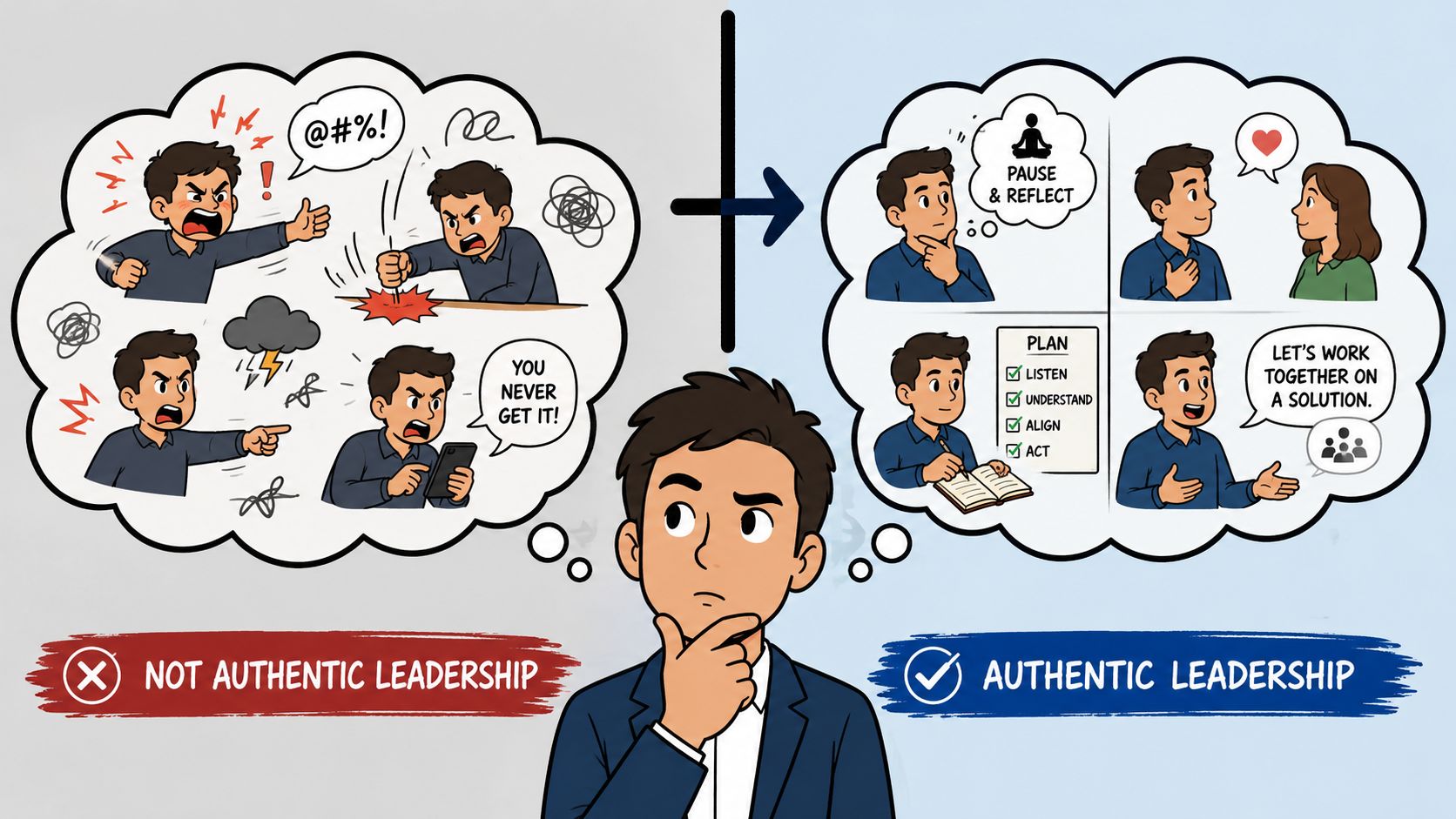 A diagram comparing toxic behavior with effective authentic leadership through illustrated thought bubbles for business communication.