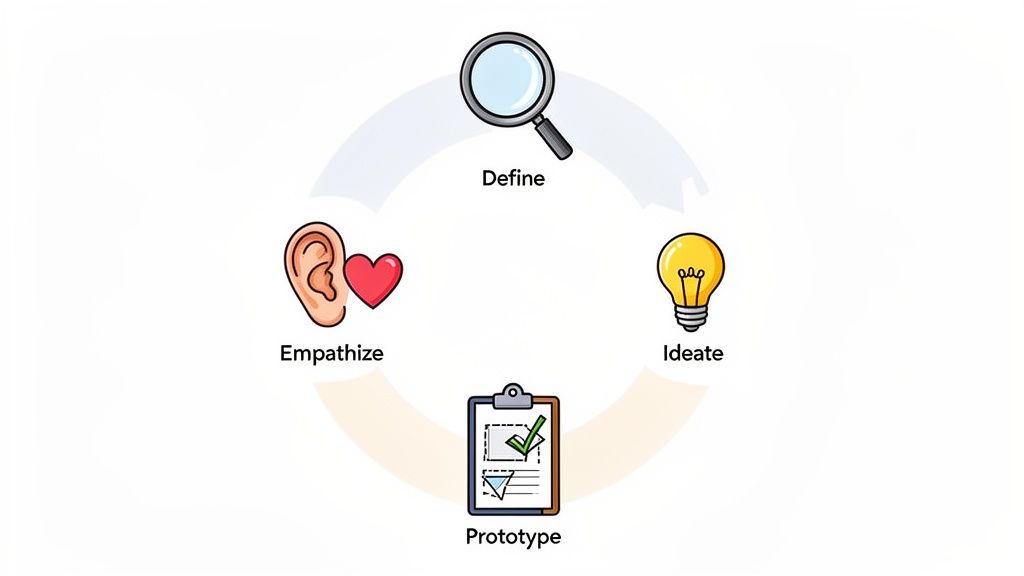 A circular diagram illustrating the four key steps of the design thinking process: Empathize, Define, Ideate, and Prototype.