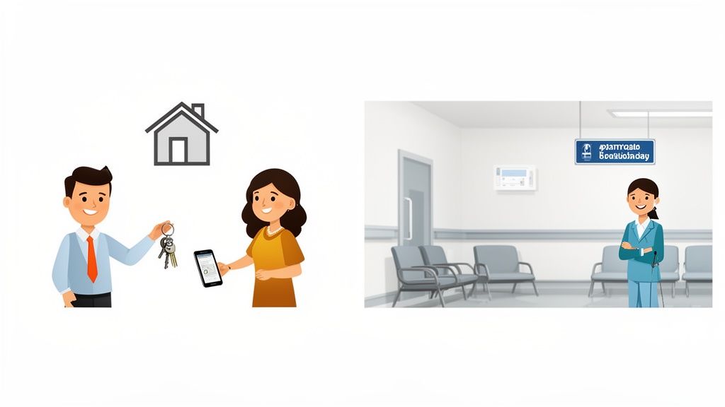 A man hands house keys to a woman using a smartphone; a professional stands in a clinic waiting room.