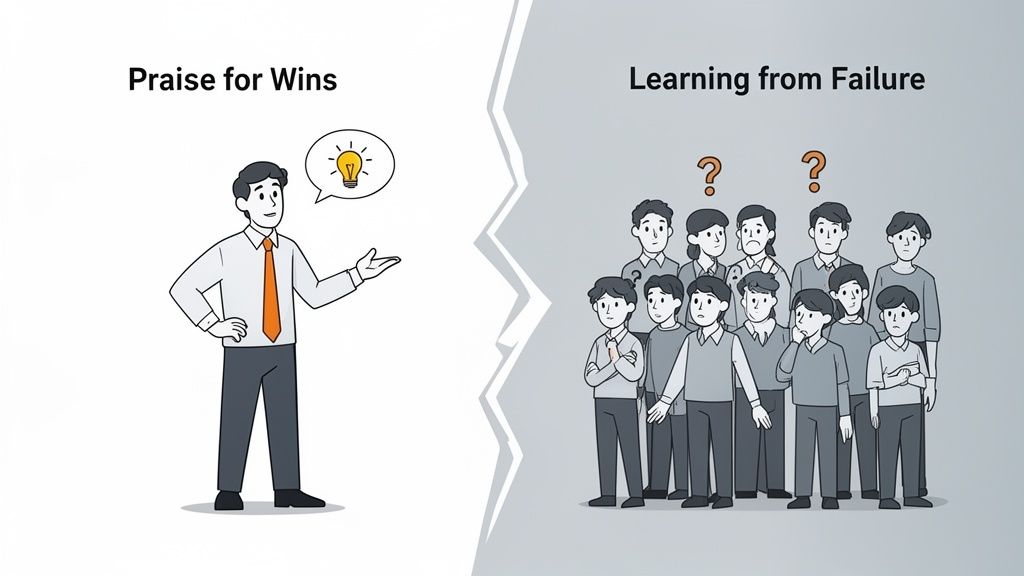 An illustration contrasting praise for wins with learning from failure, showing a happy man and a confused group.