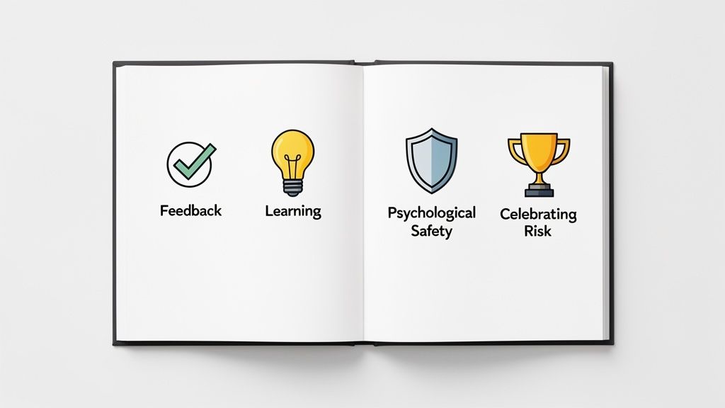 An open book shows four icons representing Feedback, Learning, Psychological Safety, and Celebrating Risk.