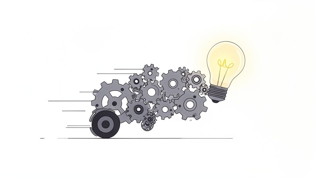 Gears moving quickly, leading to a bright light bulb, representing business innovation and idea generation.
