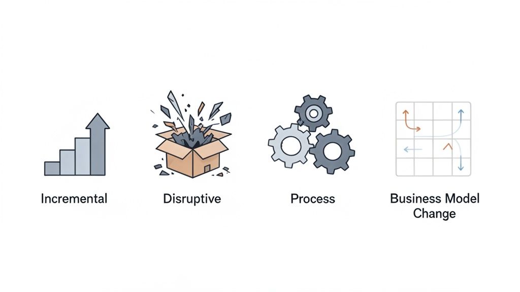 Four icons illustrating types of innovation: incremental growth, disruptive change, process improvement, and business model shifts.