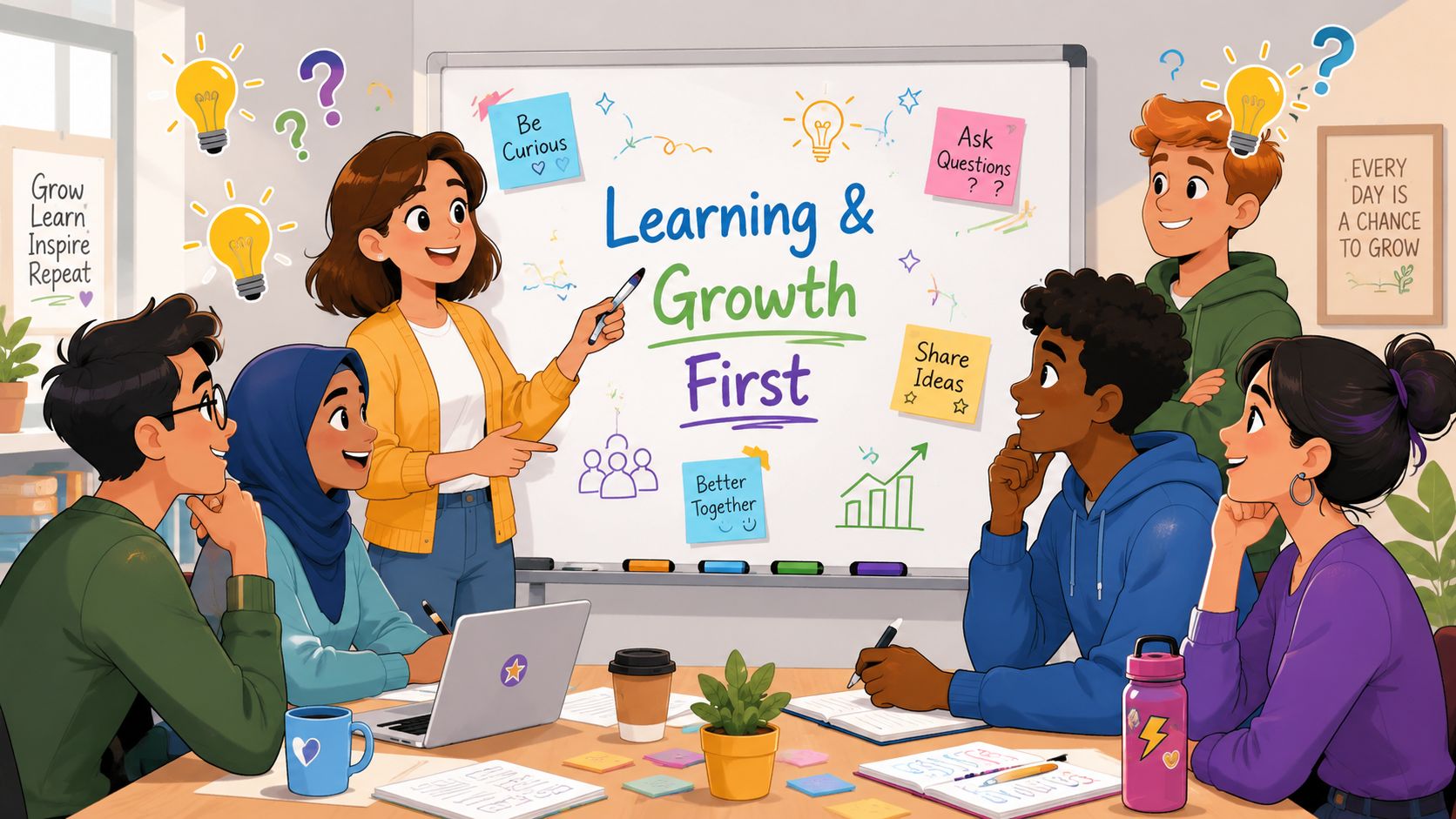 A diverse group of professionals collaborates in a creative meeting focusing on learning and growth.