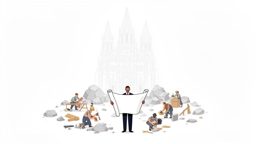 An architect holding blueprints oversees workers building a cathedral, symbolizing visionary leadership and construction planning.