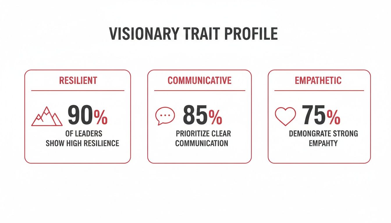 A visionary trait profile showing that 90% of leaders are resilient, 85% communicative, and 75% empathetic.