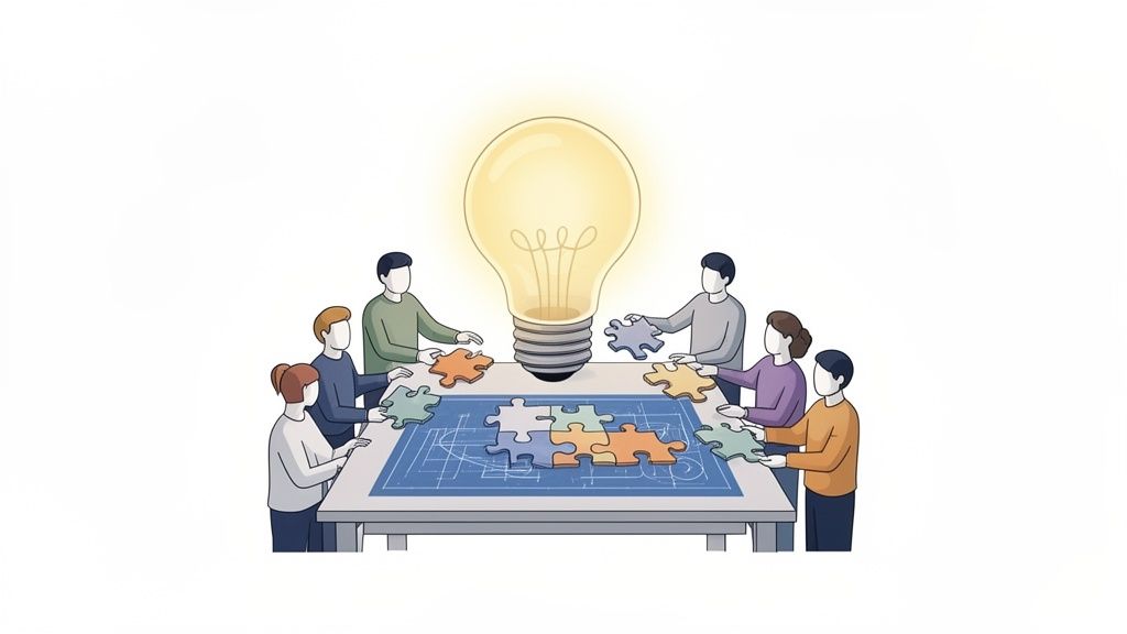 Collaborative team assembling a puzzle on a blueprint, with a glowing light bulb representing an idea.