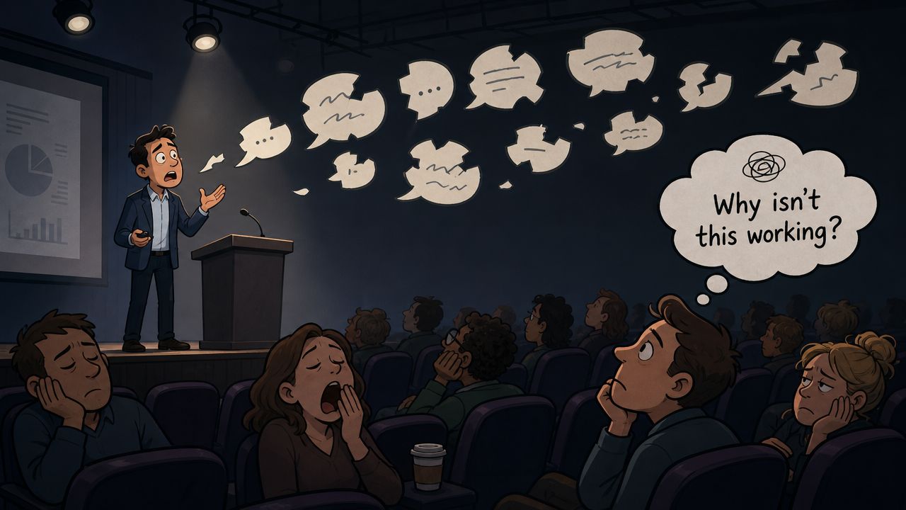 A struggling keynote speaker on stage presenting to a bored, unengaged audience failing to connect with listeners.
