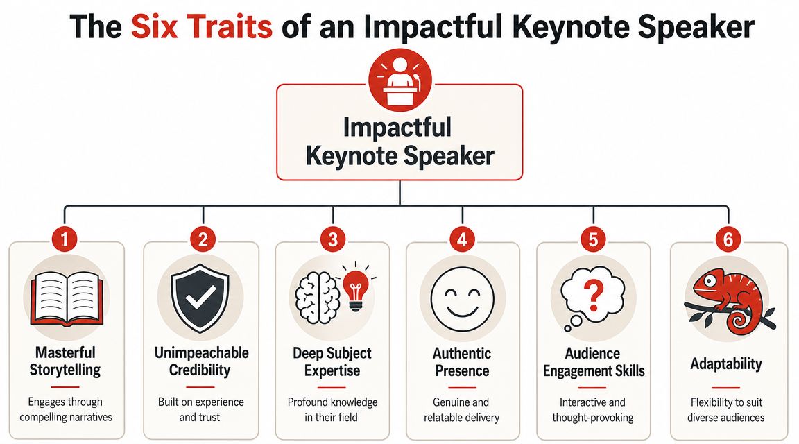 An infographic titled The Six Traits of an Impactful Keynote Speaker outlining essential public speaking qualities.