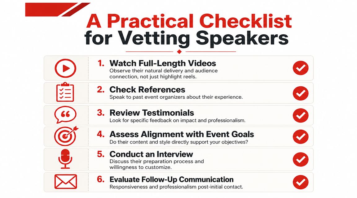 A professional checklist outlining six essential steps for effectively vetting potential guest speakers for events.