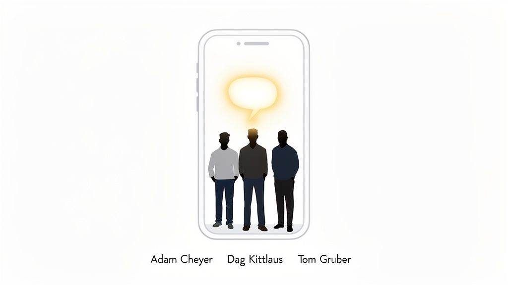 Silhouettes of Siri creators Adam Cheyer, Dag Kittlaus, and Tom Gruber inside a smartphone outline with a thought bubble.