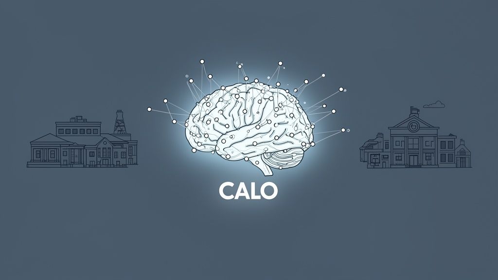 A glowing brain with neural connections connecting institutional buildings, featuring the text CALO.